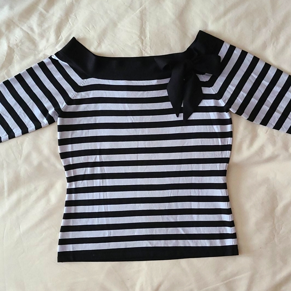 INC International Concepts Blue & Black Stripe Off-the-shoulder 3/4 Sleeve Top